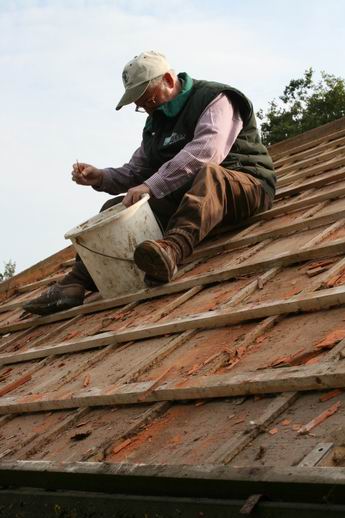 Vrijwilliger Pierre Eijgelshoven voelde zich in de hogere sferen van het hertenhome prima thuis. Hij zorgde o.a. voor de verwijdering van de afgebrokkelde resten van de oude dakpannen.