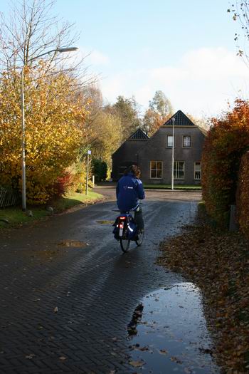 oosteinde Verlengde Oosterweg in herfsttooi, met passerende fietser. 