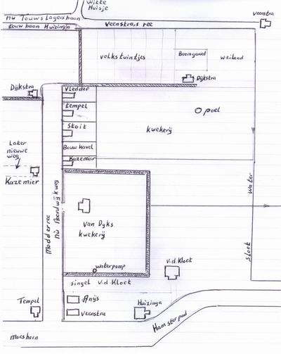 Verbeterde plattegrond (van Henk Geertsema) van het gebied bij het boerderijtje van Dijkstra, een halve eeuw geleden  