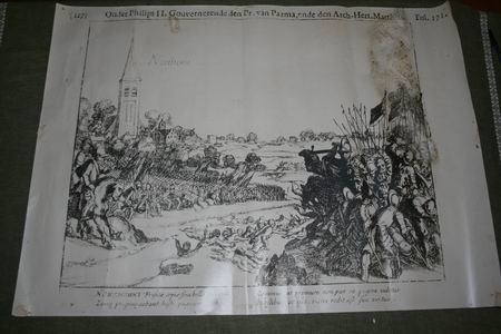 De prent, ter plekke aanwezig, met een fantasievolle weergave van de Slag bij Noordhorn 