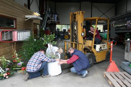Bloemetje??? Geweldige plantenbakken waarvoor heftrucktalent Rik komt opdraven. Voorzichtig! 