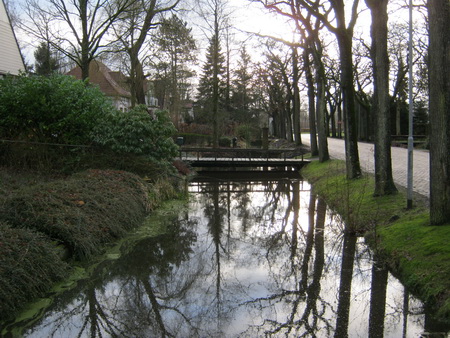 Aan de voorkant van de Sicke Benninghestede, de gracht met de weerspiegeling van kale bomen.... 