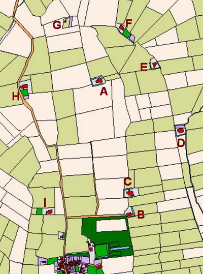Kadasterkaart 1832 noordkant Noordhorn; de hoofdletters zijn later toegevoegd.