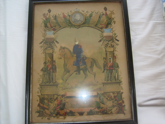 Het wandbord met fraaie afbeelding. Tjeerd van Hoogen te paard, als militair. Deze plaat hing vroeger bij hem thuis aan de Achterweg. Nu bij zijn achterkleinkind in Roden...