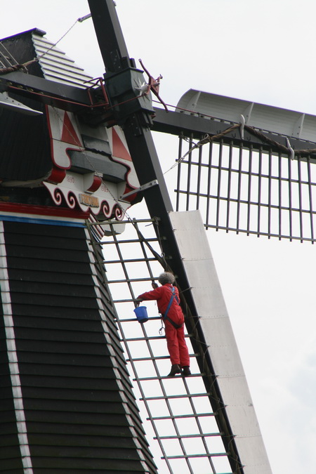 Op weg naar de GMB-activiteiten op rotonde- en tunnelterrein valt mijn oog op Drewe Schouten, de vrijwillige Fortuna-molenaar. Bezig met wiekenonderhoud. Enge plek... Alleen de gedachte daaraan geeft me al trillende benen...