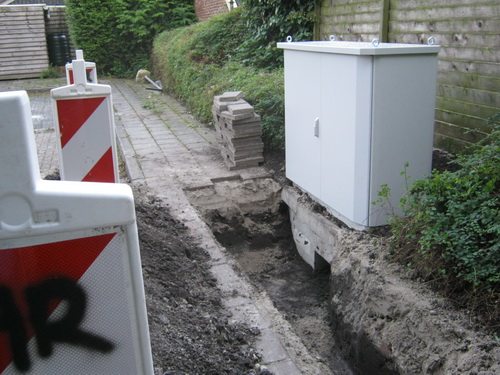 Nieuwe schakelkast achter huize Koets. Waarvoor? Voor nieuwe glasvezelverbindingen??! Graag!!