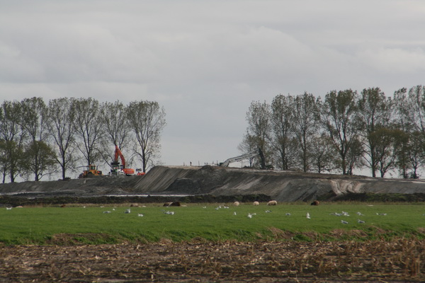 's Middags haal ik de boodschappen-Batavus uit de schuur en rij via het betonpad naar de Spanjaardsdijk. Onderweg al vast wat plaatjes schietend. Hier de nieuwe weg en brug in wording, bekeken vanaf het betonpad bij de eerste bocht...